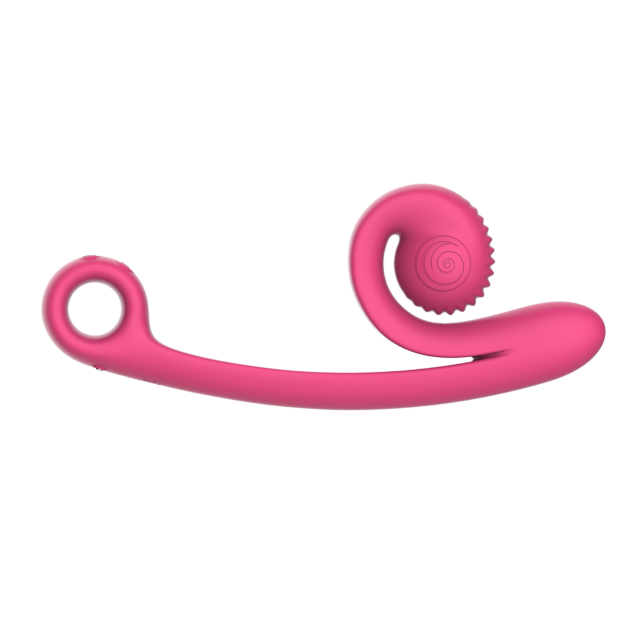 Un Curve Duo rosa con un extremo en bucle y detalle en espiral, diseñado para una doble estimulación del punto G.