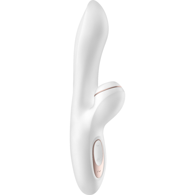 Vibrador Pro + Punto G con dos motores y diseño curvado, mostrado sobre un fondo blanco liso.