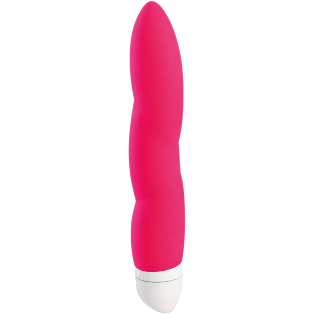 Un vibrador de silicona Jazzie rosa con un cuerpo curvado y texturizado y una base blanca en posición vertical sobre un fondo blanco.