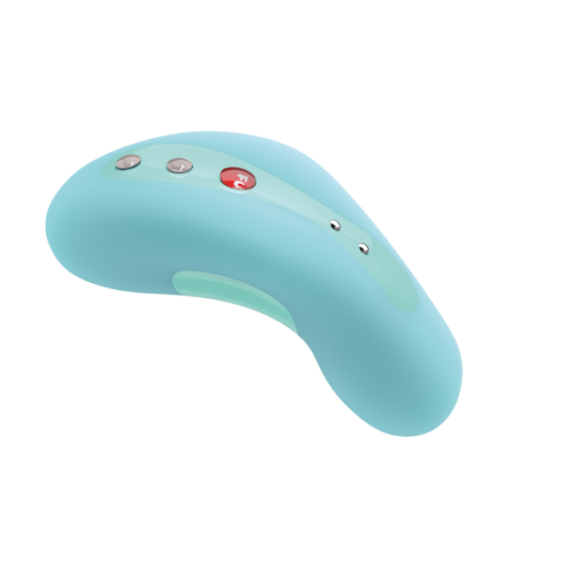 Una Laya II azul con tres botones plateados y uno rojo, sobre fondo blanco.