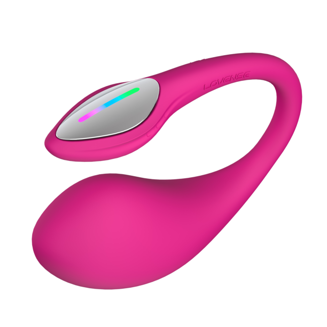 Vibrador para llevar puesto Lush 4 de color rosa con forma curva y panel de control, mostrado sobre un fondo blanco liso.