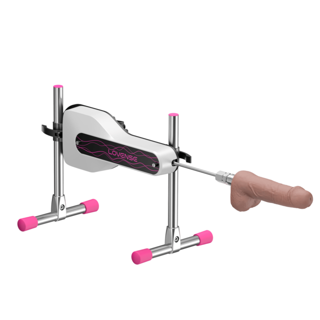 Máquina sexual Mini da Lovense é um dispositivo metálico com detalhes em rosa, pernas ajustáveis e um dildo realista em tom de pele.