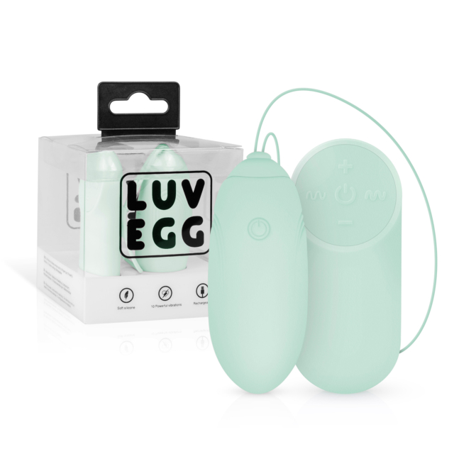 Se muestra un vibrador inalámbrico Luv Egg de color verde menta junto a su empaque, que muestra la marca e íconos de funciones como control remoto y múltiples configuraciones de vibración, mejorando su experiencia con el vibrador.