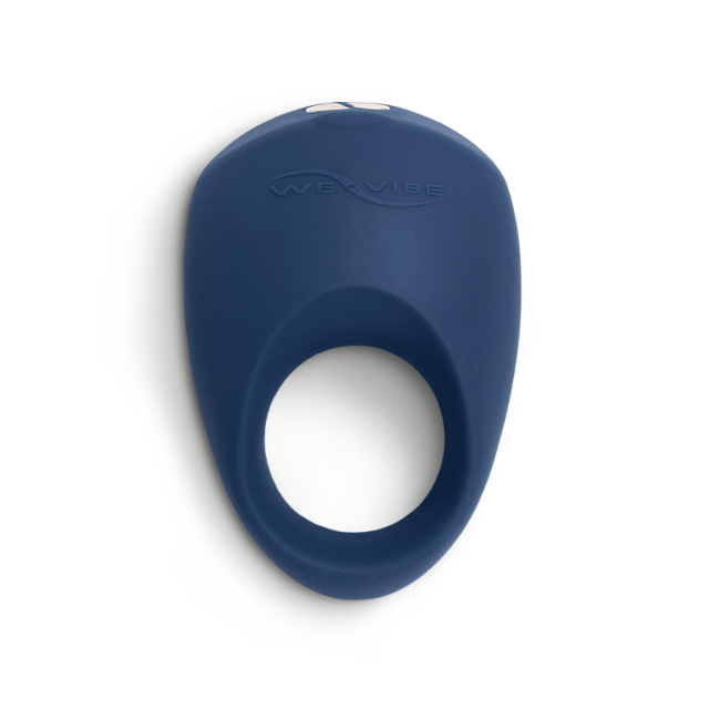 Anillo vibratorio Pivot azul con abertura circular y botón, sobre fondo blanco.