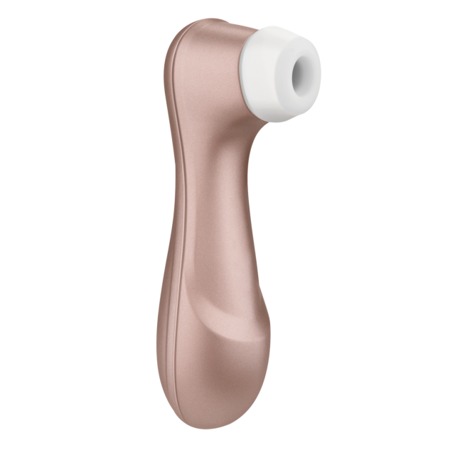 Satisfyer Pro 2 en oro rosa con punta de silicona blanca sobre fondo blanco.