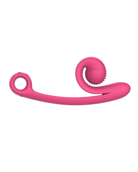 Un Curve Duo rosa con un extremo en bucle y detalle en espiral, diseñado para una doble estimulación del punto G.