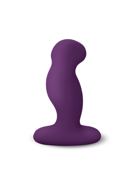 Un tapón anal de silicona G-Play Plus Medium de color morado, con una forma curva única y una base plana, se encuentra en posición vertical sobre un fondo blanco.