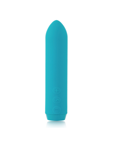 El Vibrador Bala Clásico en color verde azulado es un mini vibrador cilíndrico y elegante con un extremo cónico. Su superficie lisa cuenta con tres botones de control circulares con símbolos de más