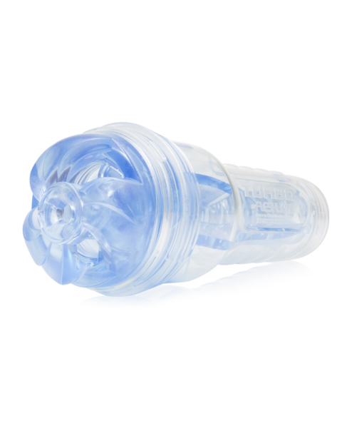 Um Turbo Thrust cilíndrico transparente que se assemelha a uma lanterna com um componente interno azul e detalhes texturados que sugerem uma sucção incrível. Colocado horizontalmente sobre um fundo branco, faz lembrar um recipiente de plástico concebido p