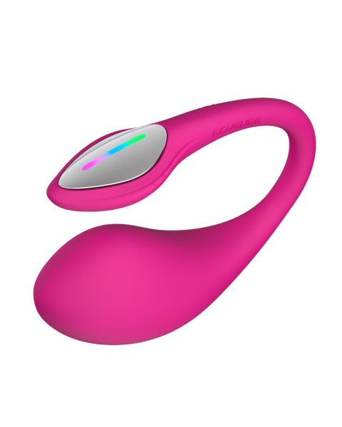 Vibrador para llevar puesto Lush 4 de color rosa con forma curva y panel de control, mostrado sobre un fondo blanco liso.